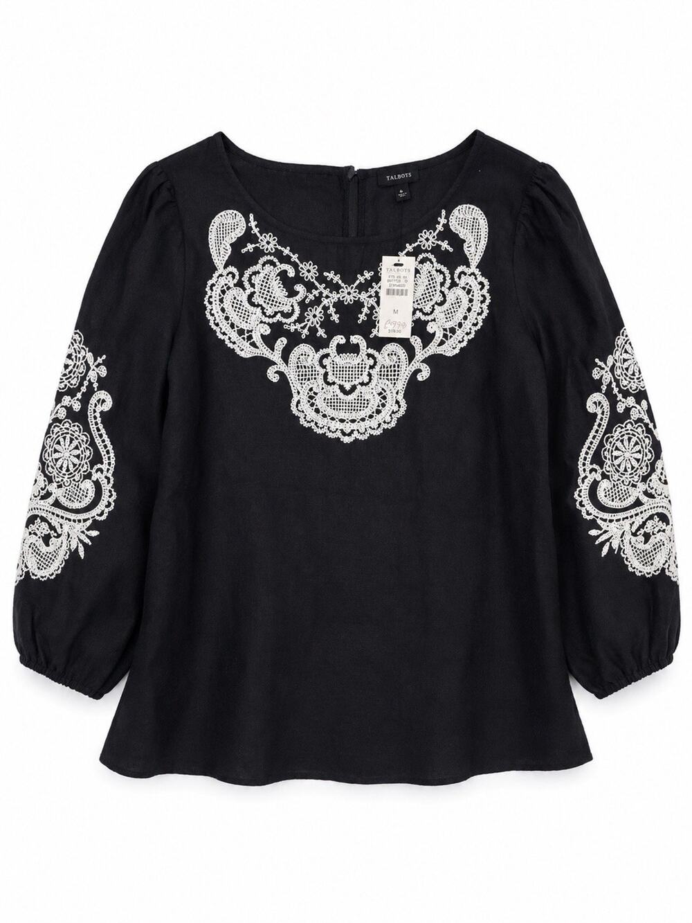 Talbots Linen Cotton Embroidered Boho Blouse Medium NWT Black White Peasant Top